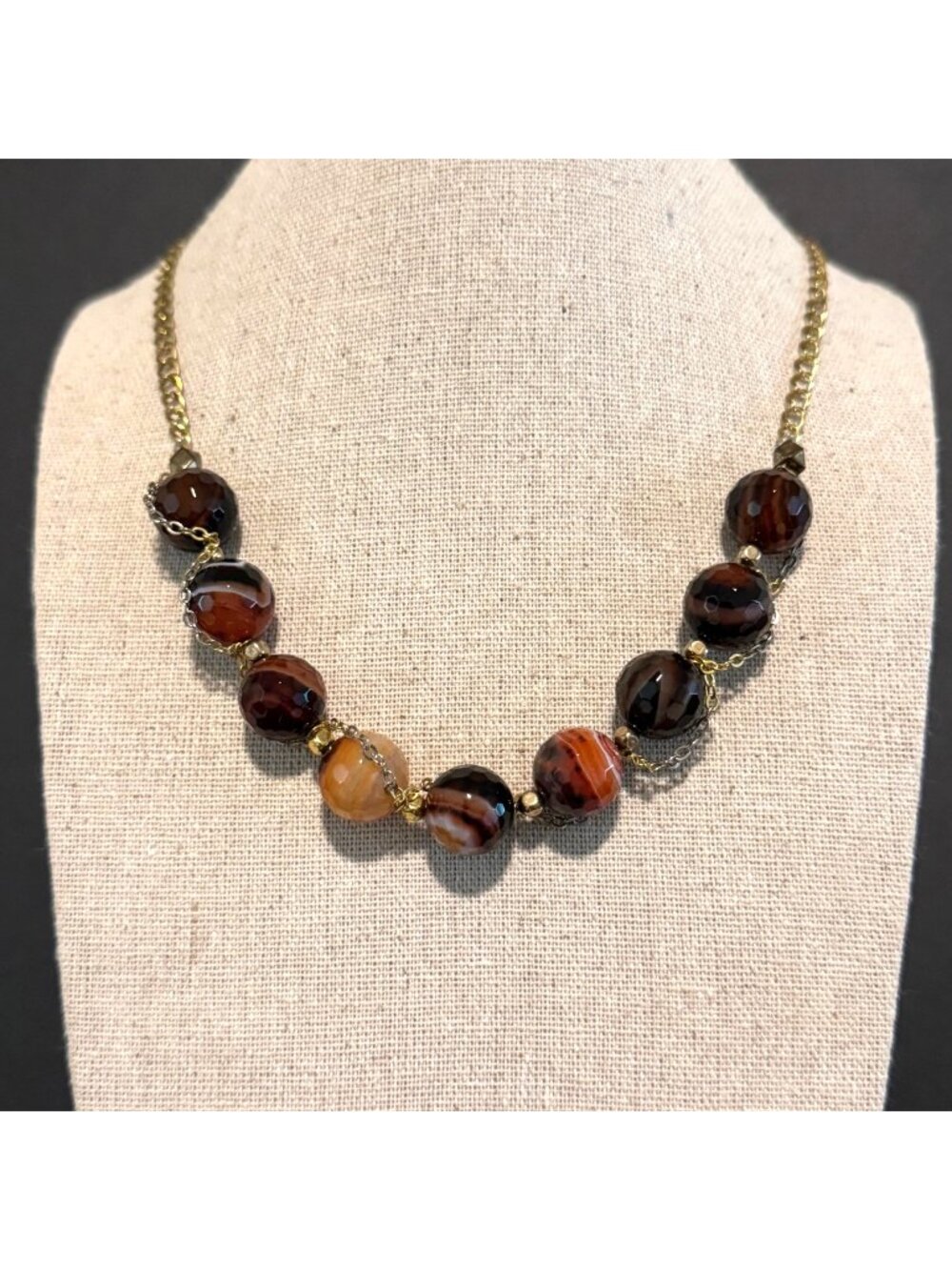 VTG Gold Tone Brown & Orange Beaded Chain Necklace Size 22" Adjustable